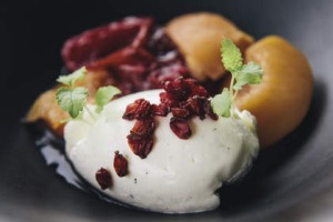水煮桃子和李子从果园，尚蒂伊奶油和barberries。