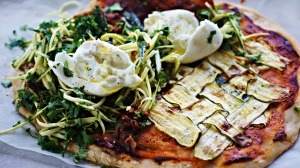 Tasty trio: Zucchini, crispy pancetta and torn buffalo mozzarella.