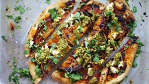 Roast pumpkin, goat's curd and zhoug pizza.