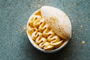 加香料南瓜奶油外交官，香菇冰淇淋和蛋白甜饼。