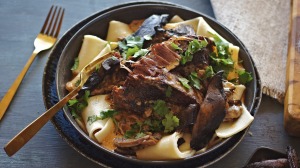 慢煮熟的牛肉stroganoff，厚厚的面条。