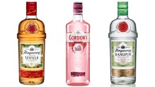 从左边：Tanqueray Flor de Sevilla Gin，Gordon的Premium Pink Gin和Tanqueray Rangpur Gin。