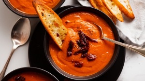 Tomato soup using tomato paste, tinned tomato and sun-dried tomatoes.